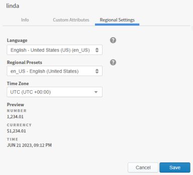 define a user's regional settings such as language, presets, time zone and more here.